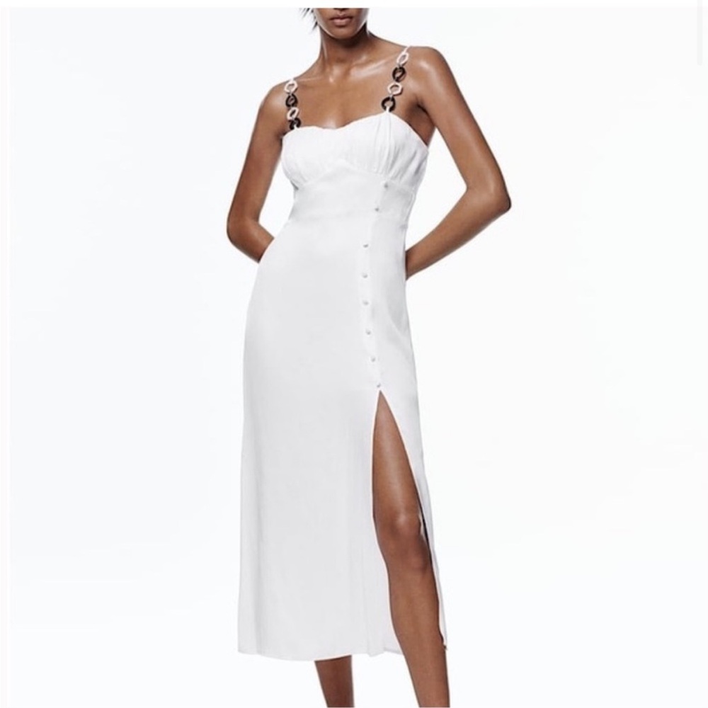 Zara White Satin/Silk Midi Dress with Chain Straps